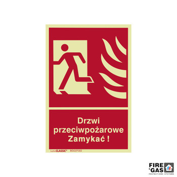 ZNAK Drzwi przeciwpożarowe Zamykać! (Lewe) 22x15 F102